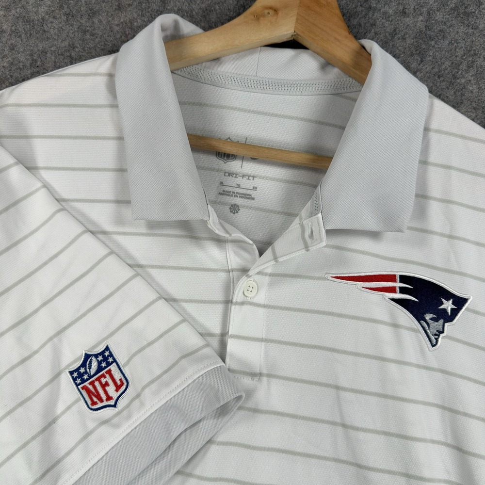New England Patriots Polo Shirt Mens XL White Striped NFL Football Dri-FIT Nike